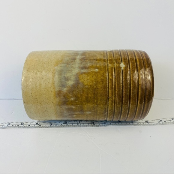 POTTERY vase yellow cream ochre large tall ribbed drip glazed - Picture 8 of 12